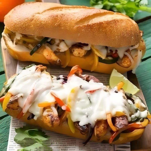 Two Planada Cafe & Variety sandwiches, filled with meat, peppers, and creamy sauce, on a wooden board.