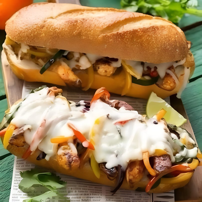 Two Planada Cafe & Variety sandwiches, filled with meat, peppers, and creamy sauce, on a wooden board.