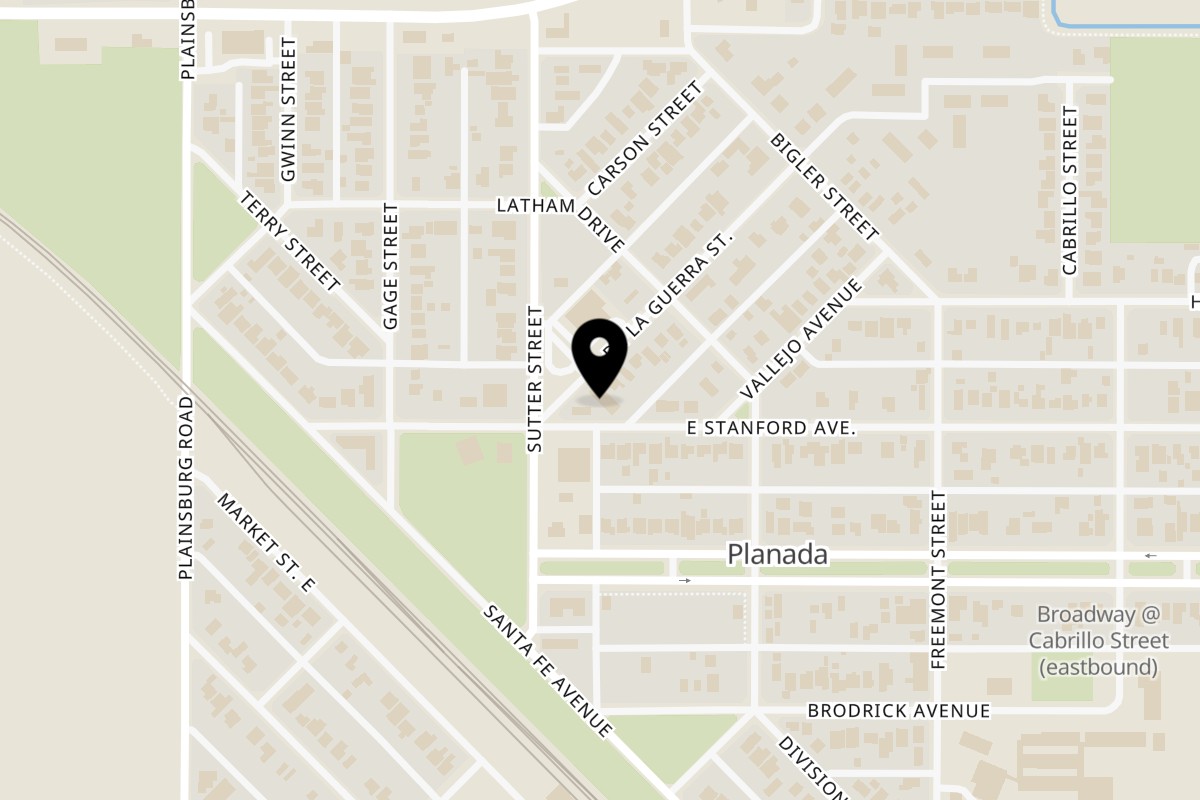 Map showing the location of Planada Cafe & Variety on 294 De La Guerra St in Planada